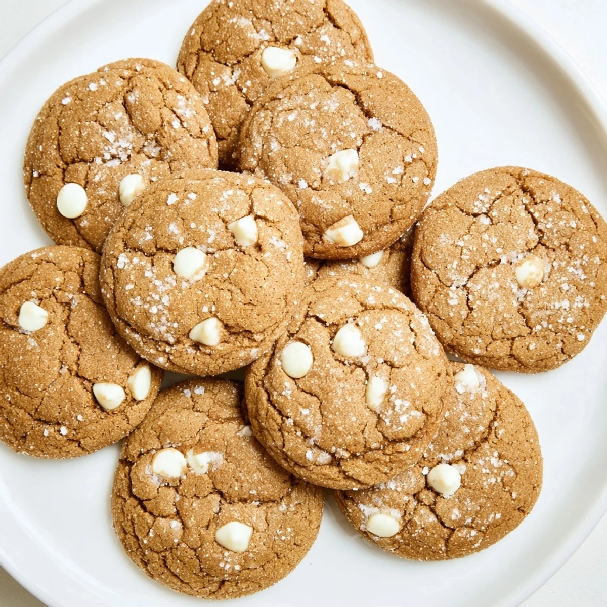 Golden spiced gingerbread white chocolate cookies rolled in sparkling sugar ready for holiday platters