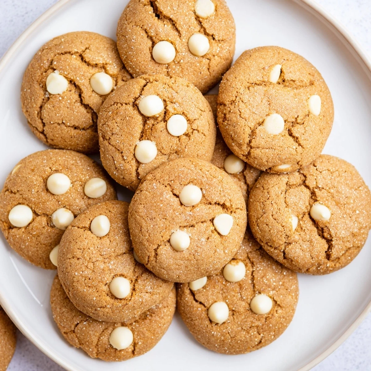 Warm chewy gingerbread white chocolate cookies stacked high with festive white chocolate chunks throughout