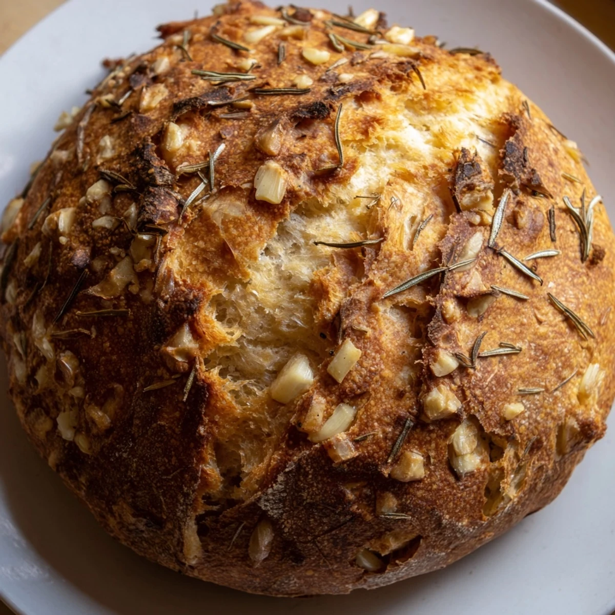 Rustic homemade bread baked in Dutch oven featuring fresh garlic and rosemary throughout