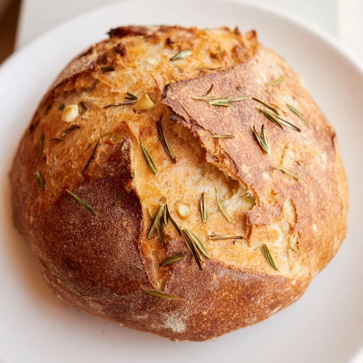 Sliced artisan bread showcasing crispy golden crust infused with fragrant garlic rosemary flavors