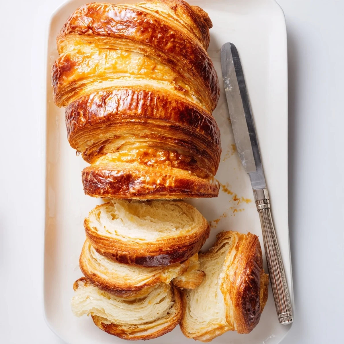 Freshly baked homemade croissant bread displaying golden crust and tender laminated interior