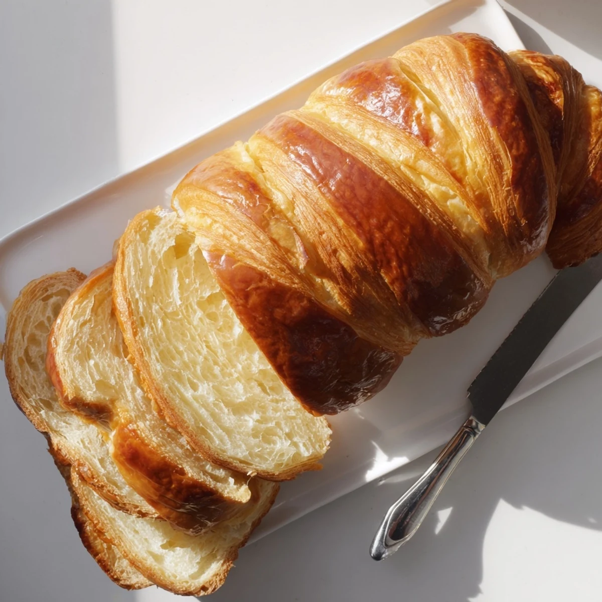 Golden homemade croissant bread loaf with flaky buttery layers sliced on wooden board