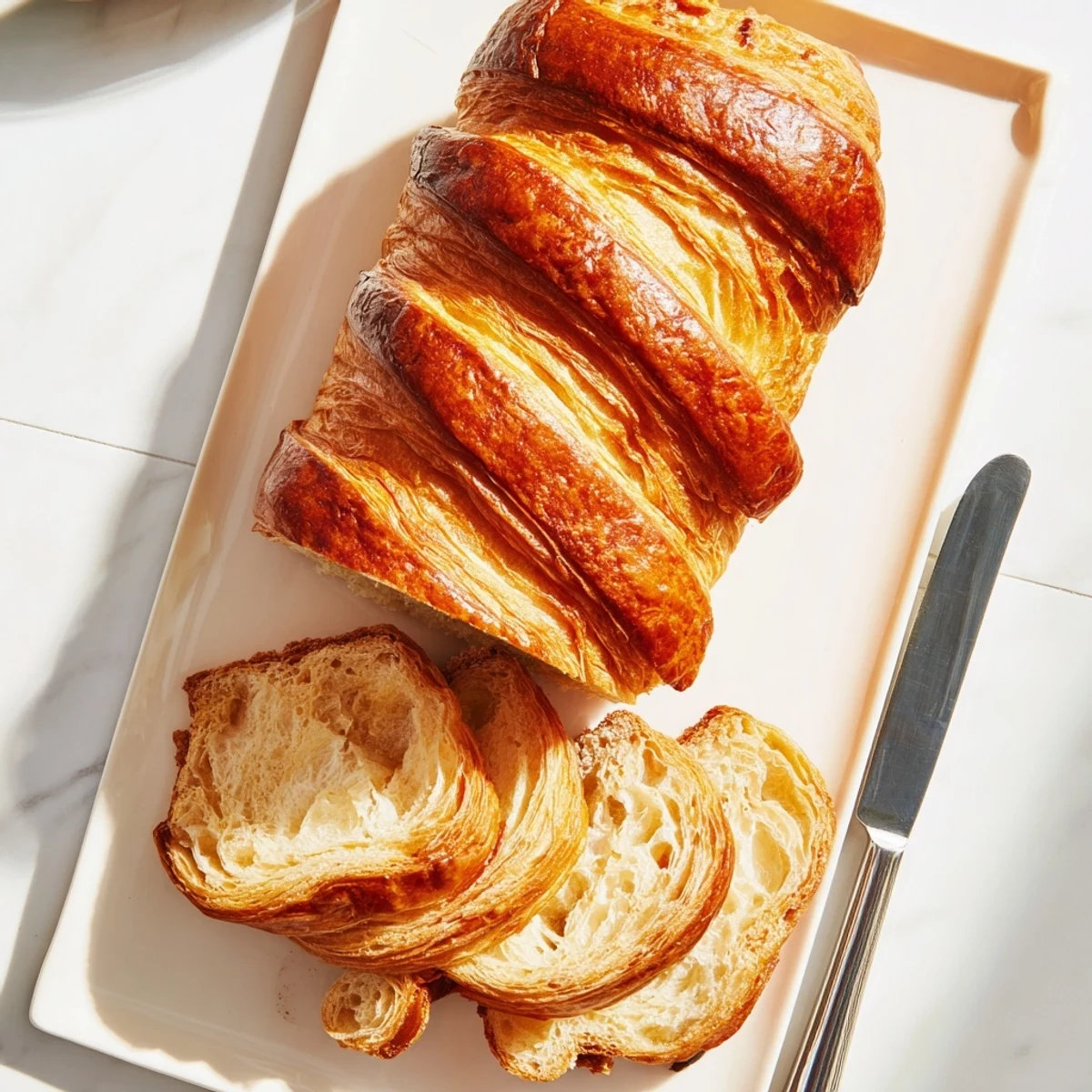 Warm homemade croissant bread perfect for breakfast served with butter and honey