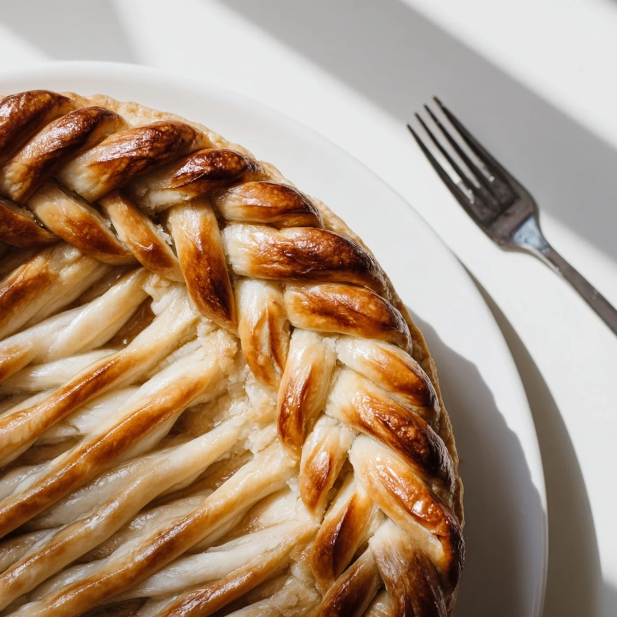 Golden brown fishtail braid pie crust woven into intricate pattern around edge