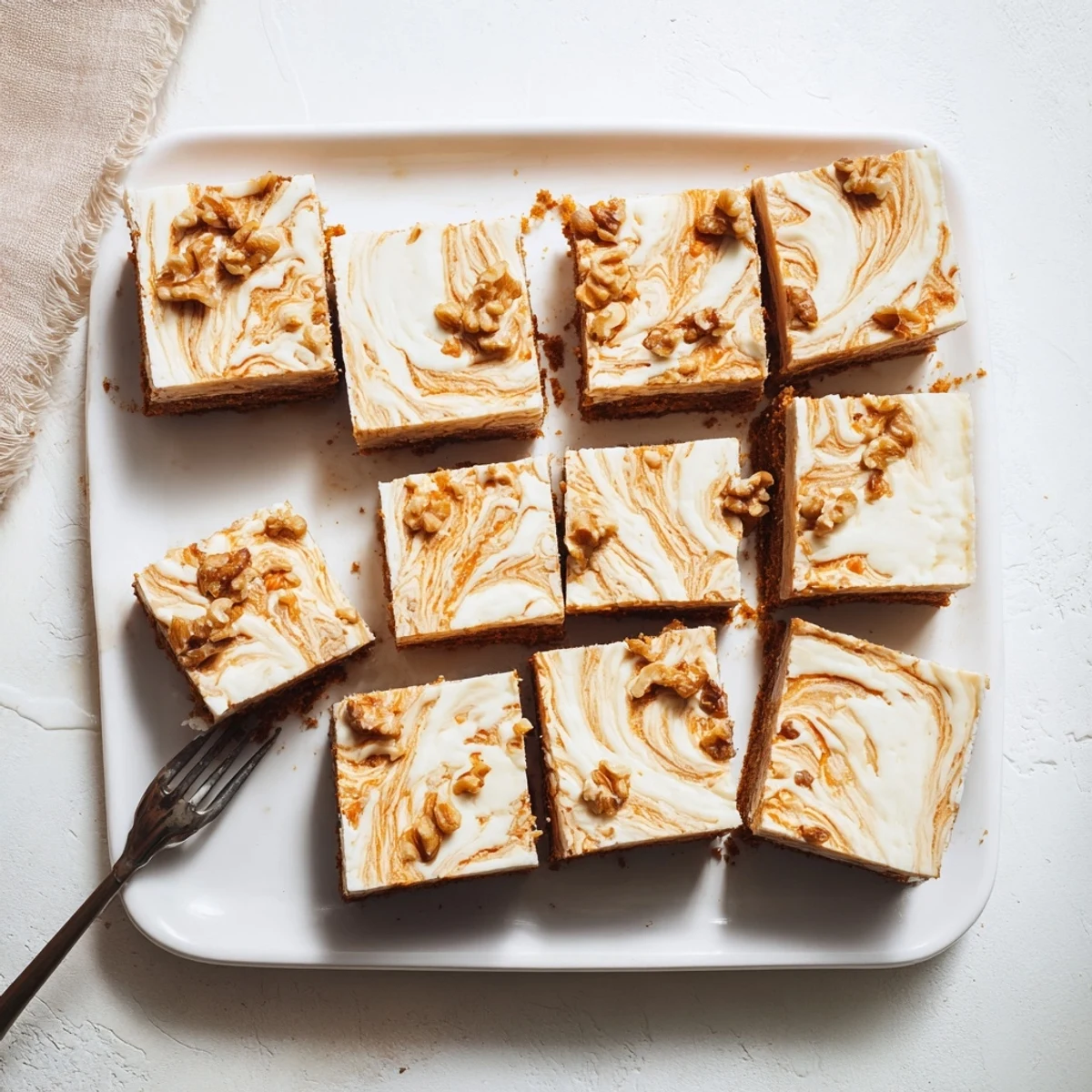 Golden carrot cake bars swirled with creamy cheesecake layer topped with chopped walnuts on a white plate