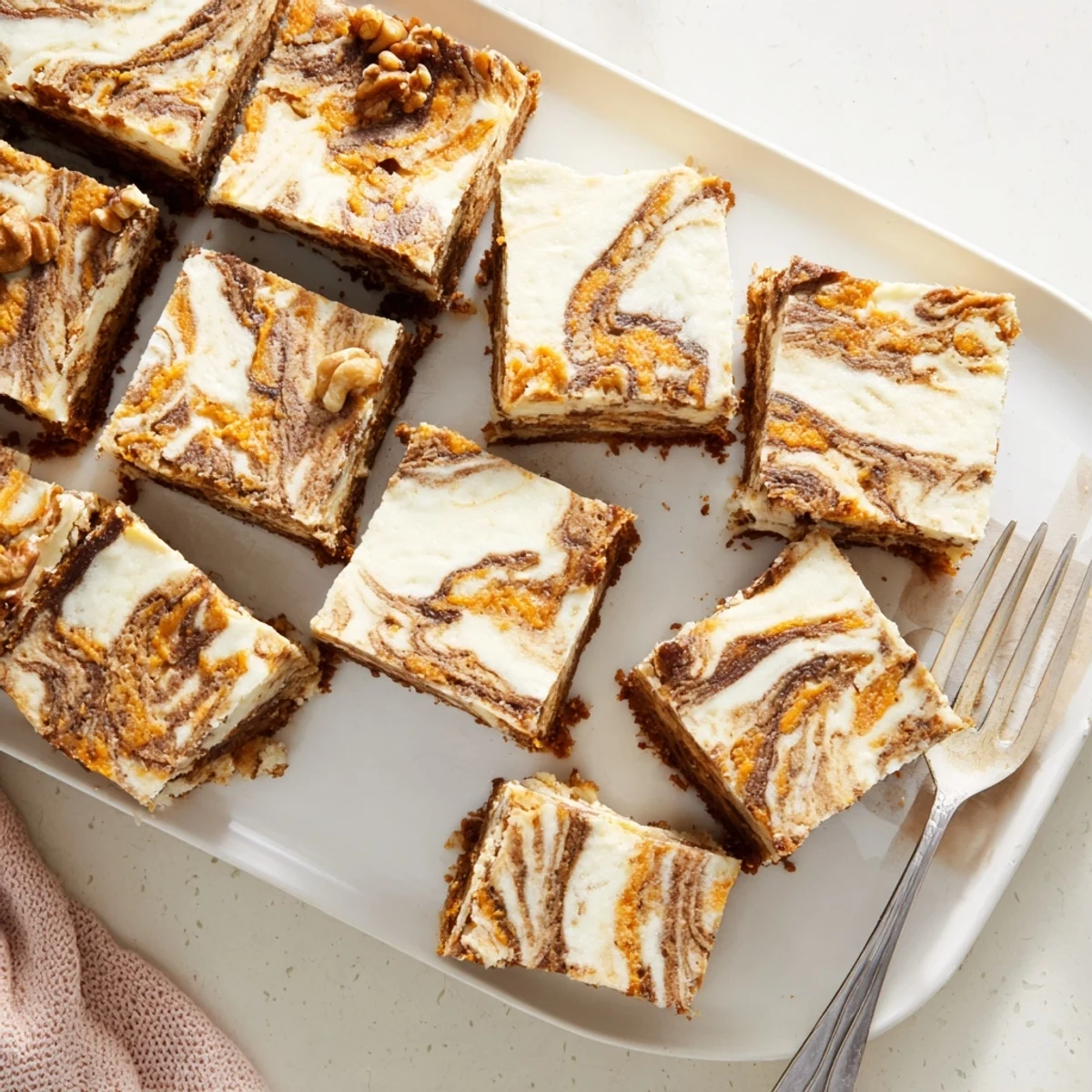Moist carrot cake cream cheese bars cut into squares showing marbled spiced cake and vanilla filling