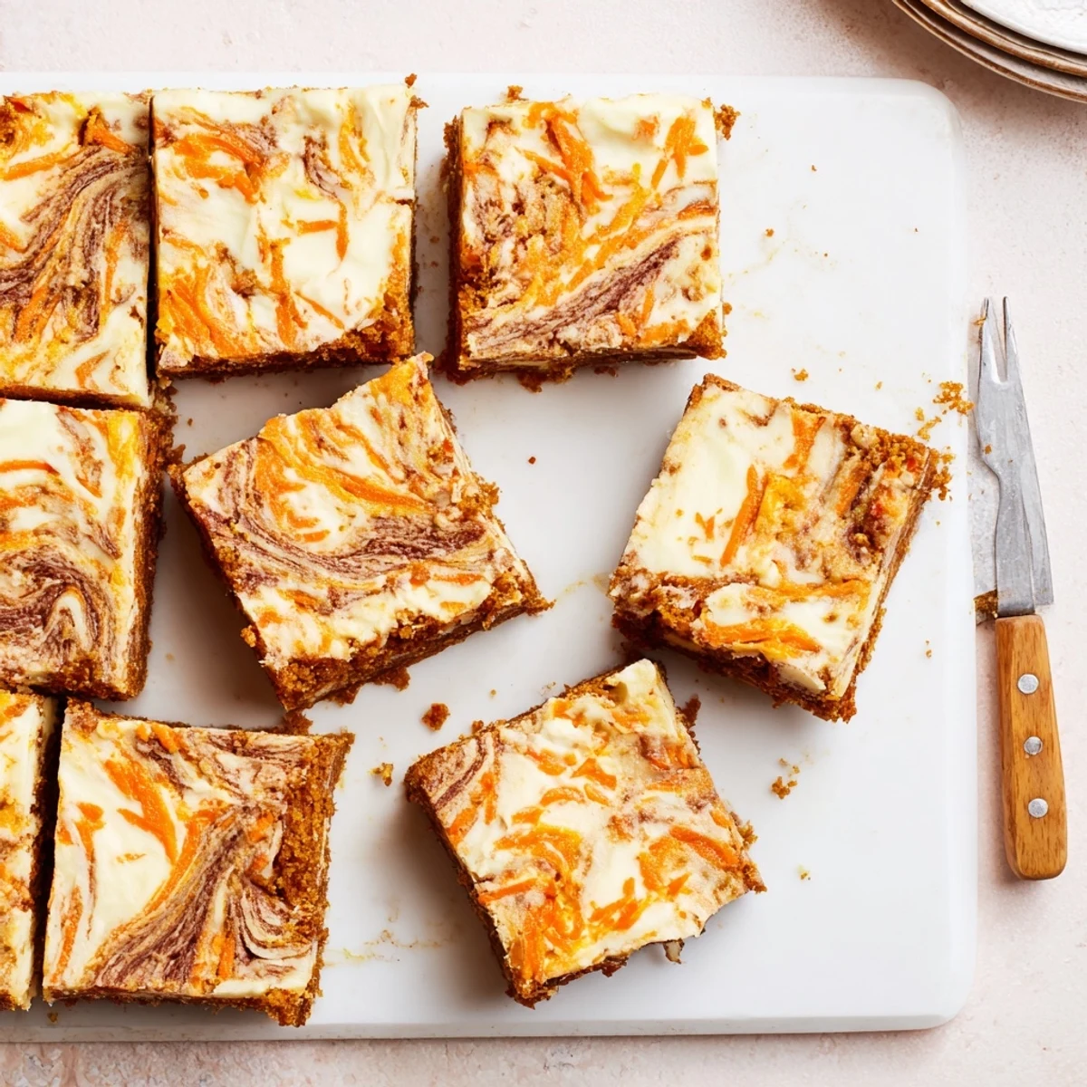 Sliced carrot cake cream cheese bars displaying the swirled layers of spiced cake and rich cheesecake filling
