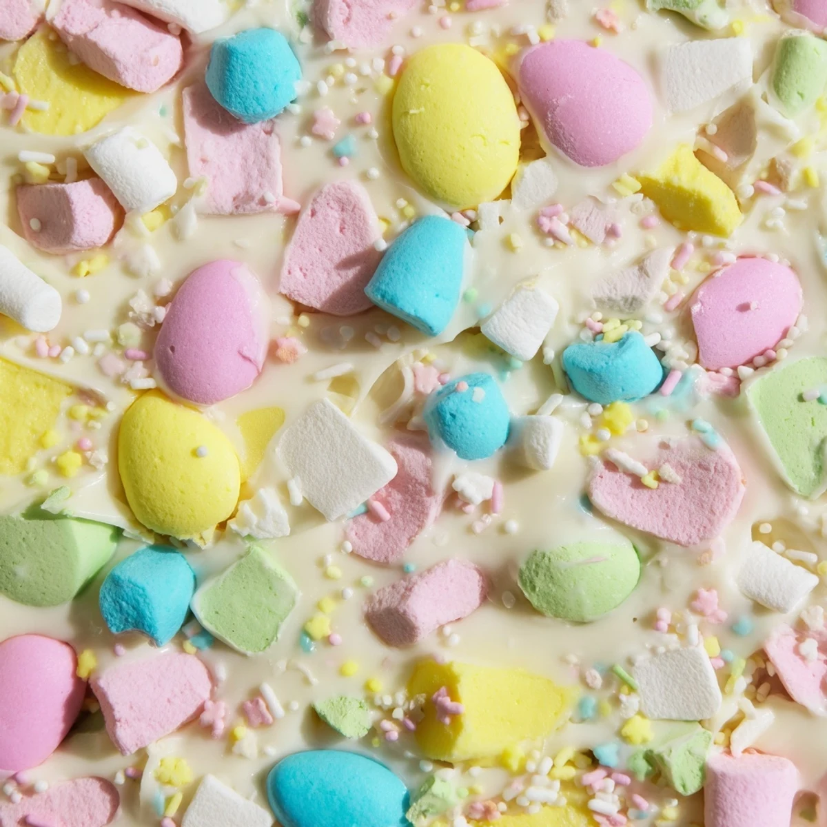 White Easter Marshmallow Bark topped with colorful pastel sprinkles and chopped candy eggs on a wooden board