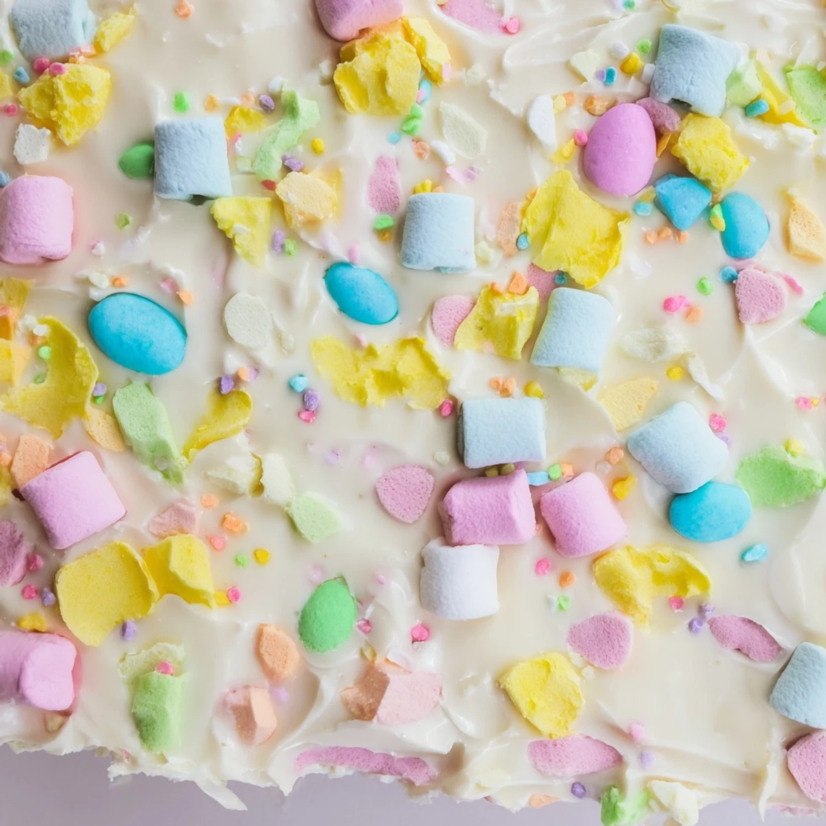 Festive Easter Marshmallow Bark broken into pieces revealing pastel marshmallows and chocolate egg candies throughout