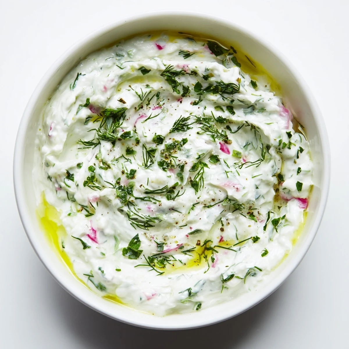 Creamy healthy radish tzatziki dip topped with fresh dill and a drizzle of olive oil in a serving bowl