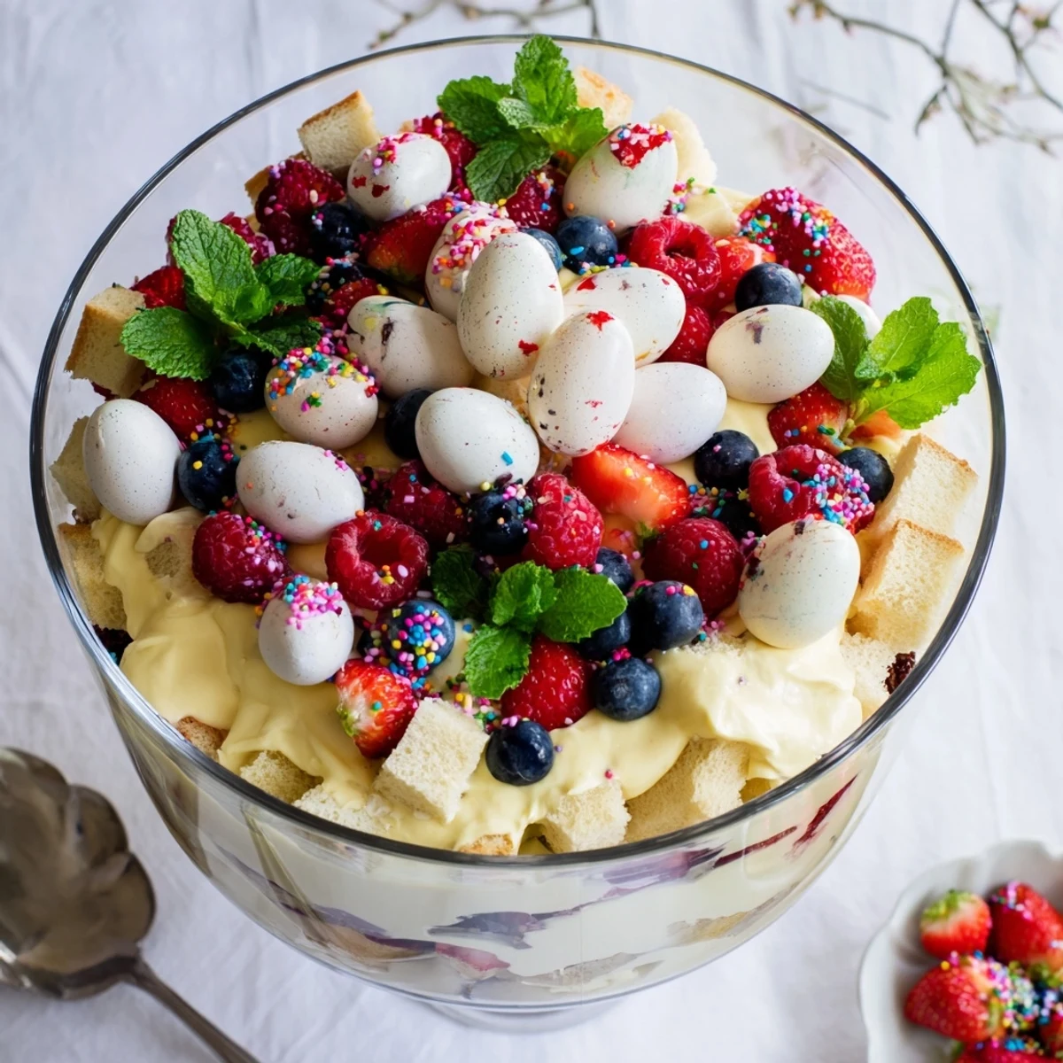 Festive layered Easter trifle dessert in a glass bowl showing creamy custard, juicy strawberries, raspberries, blueberries, and cloudlike whipped cream garnished with pastel sprinkles