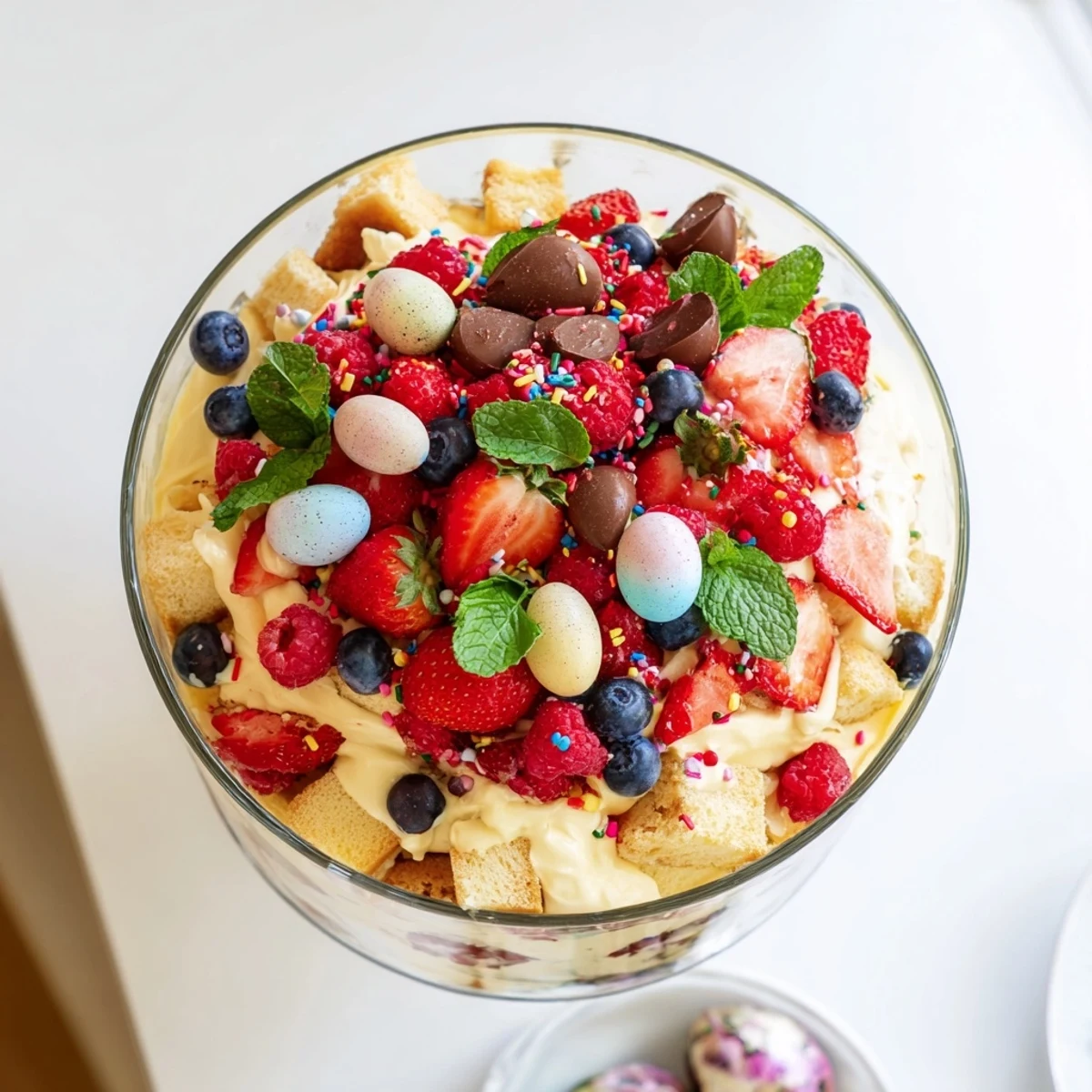 Golden Easter trifle dessert with layers of fluffy sponge cake, vanilla custard, fresh mixed berries, and sweet whipped cream topped with chocolate eggs