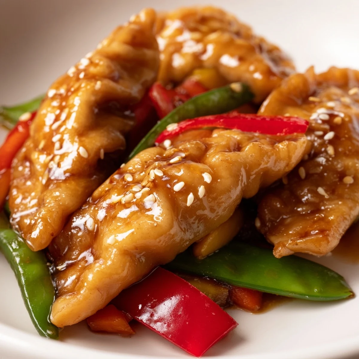 Crispy golden potsticker stir fry with colorful bell peppers and snap peas in savory sauce