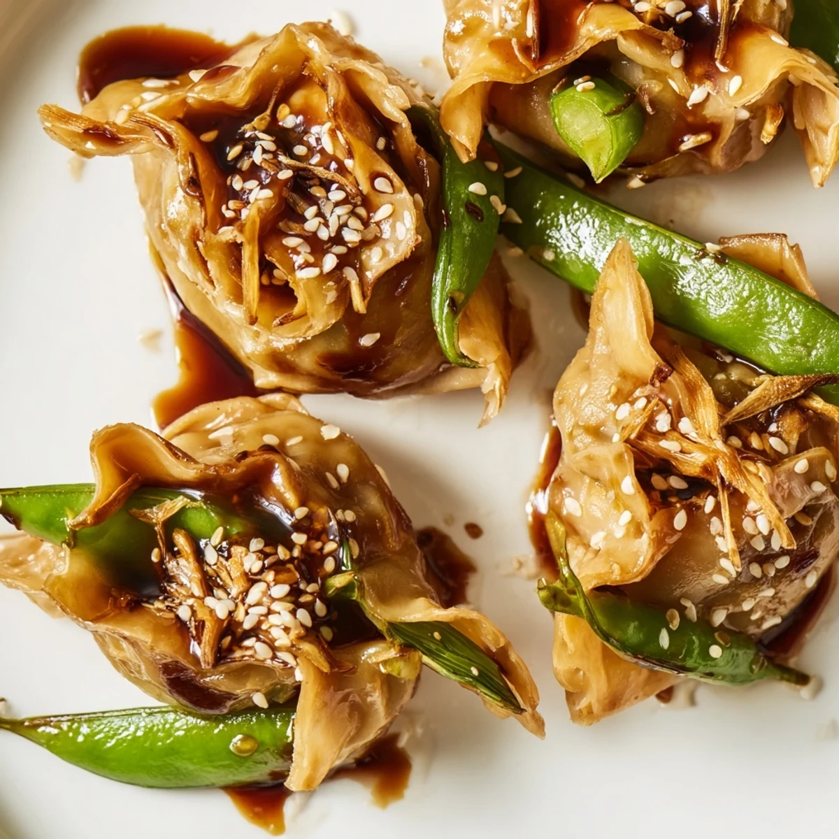 Pan-fried potsticker stir fry tossed with fresh vegetables and drizzled with glossy hoisin glaze