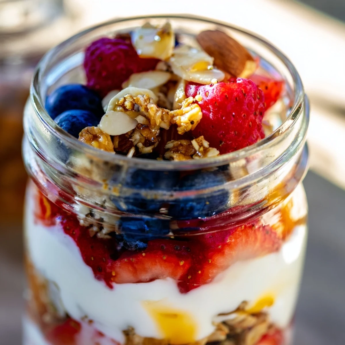 Creamy Greek yogurt parfait layered with fresh berries and golden granola in a glass