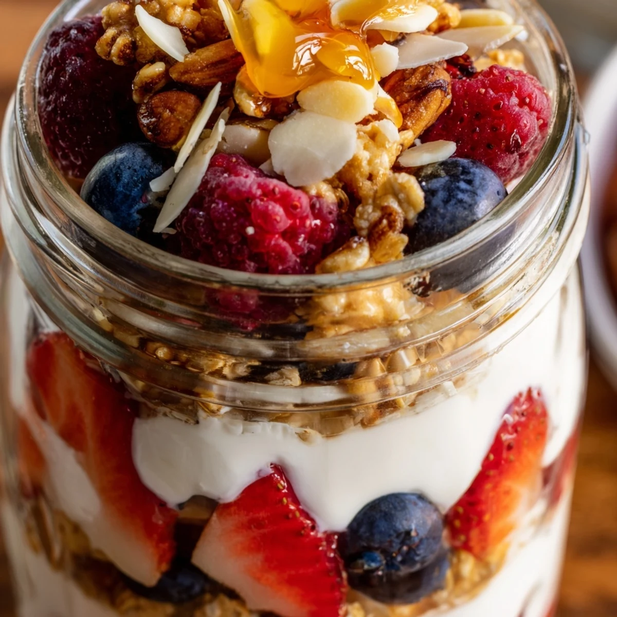 Greek yogurt parfait topped with crunchy nuts and vibrant mixed berries for breakfast