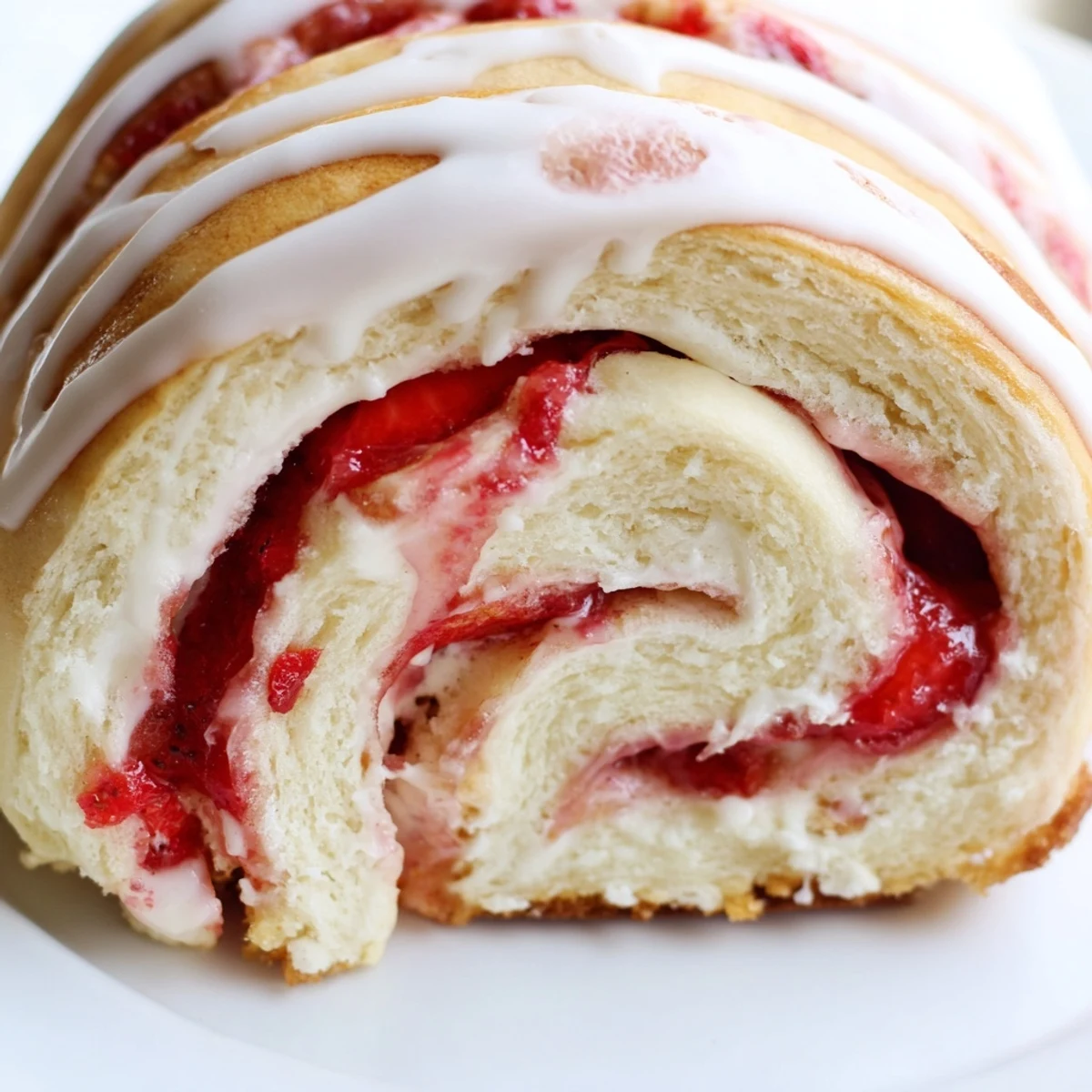 Golden strawberry shortcake cheesecake rolls drizzled with sweet vanilla glaze on a white plate