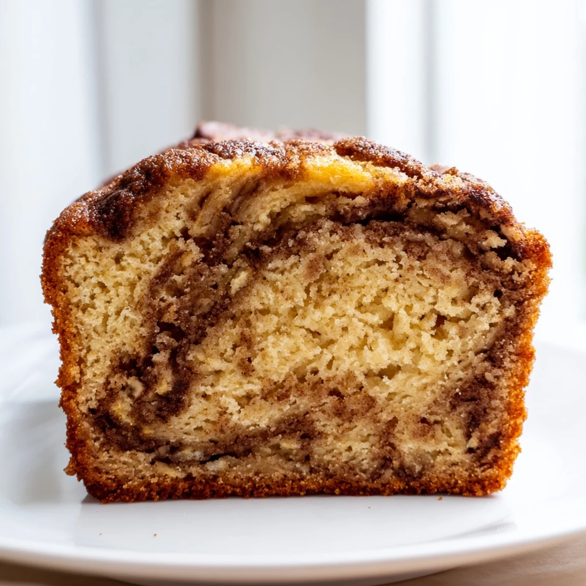 Cinnamon Sugar Swirl Banana Bread with golden crust and marbled cinnamon ribbon throughout moist tender crumb