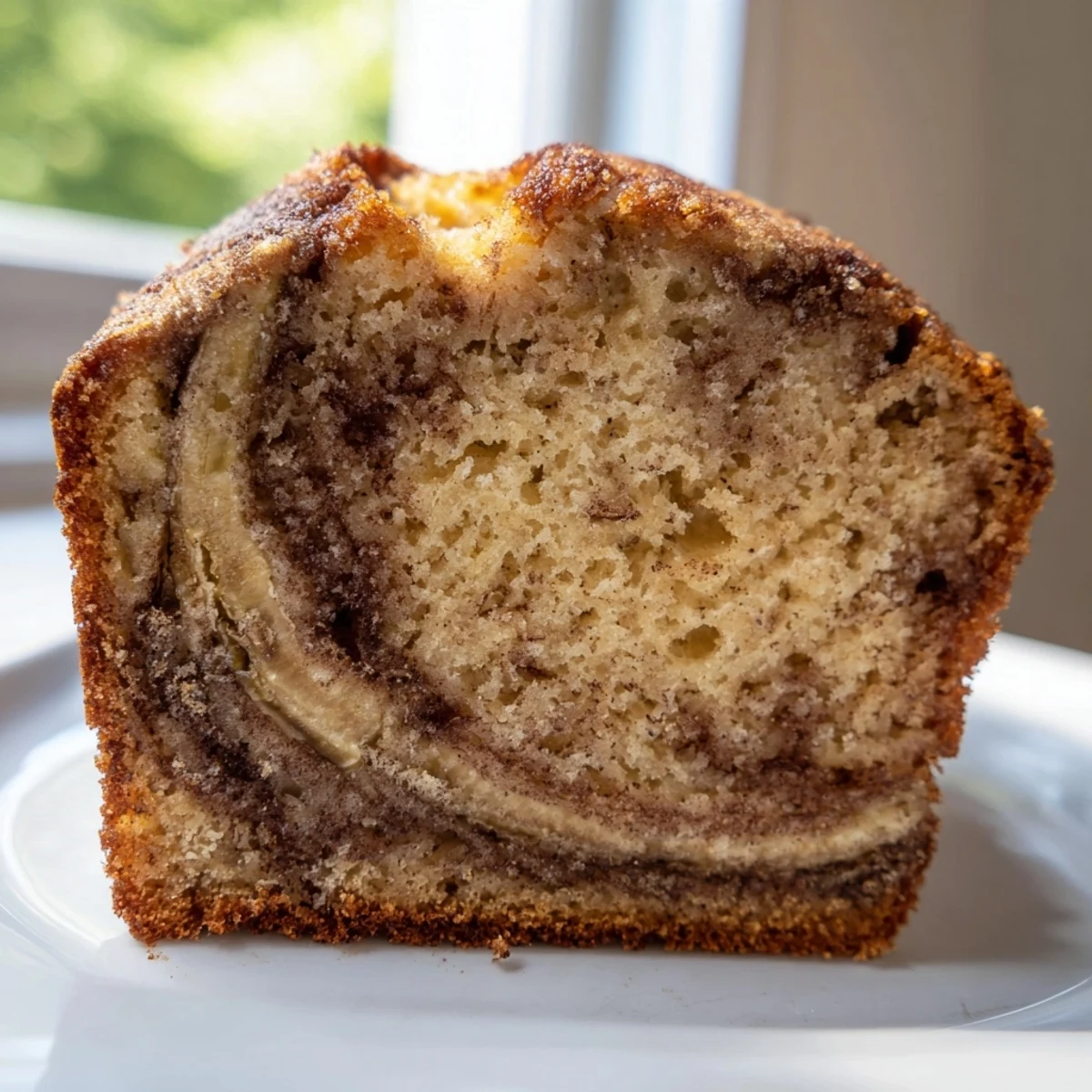 Warm slice of Cinnamon Sugar Swirl Banana Bread served on wooden board with melted butter
