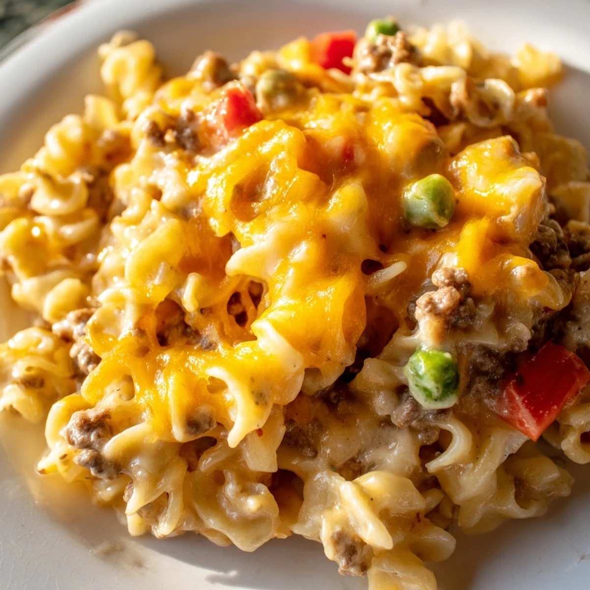 Creamy Cheesy Beef and Noodle Casserole served in a white dish with golden cheese