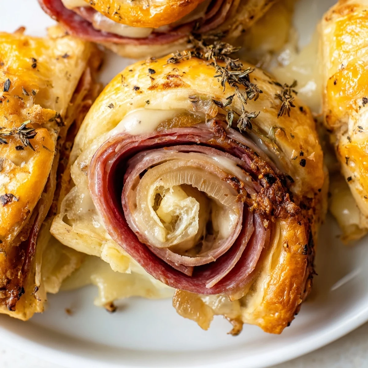 Golden beef and cheese French dip roll ups arranged on a rustic wooden board with dipping sauce