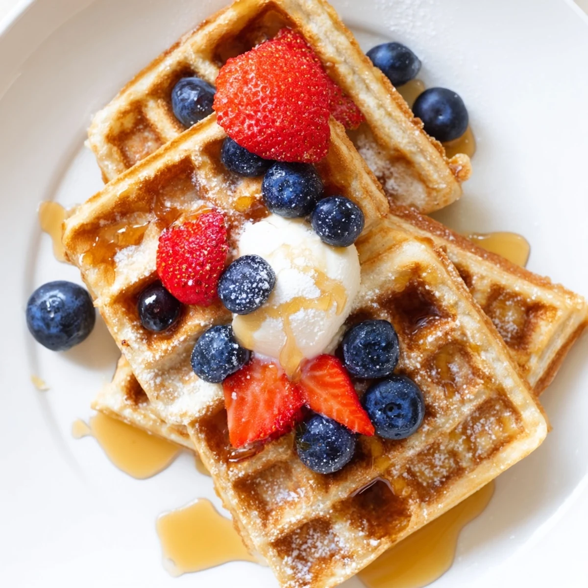 Golden crispy Greek yogurt waffles stacked high with fresh berries and maple syrup drizzle