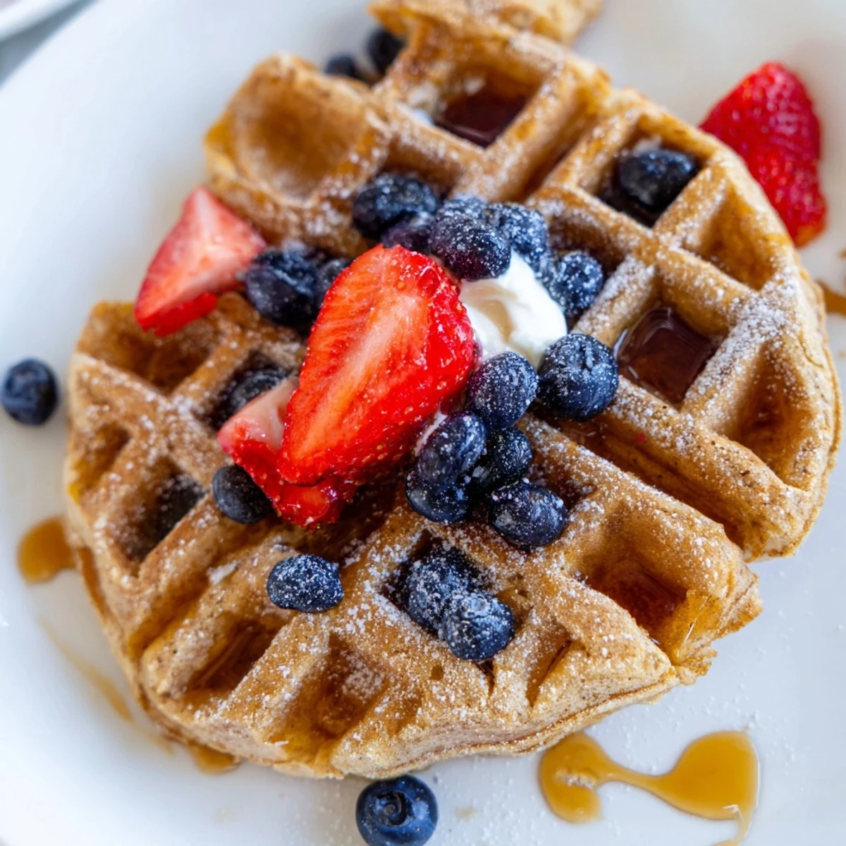 Light and fluffy Greek yogurt waffles served warm on a white breakfast plate