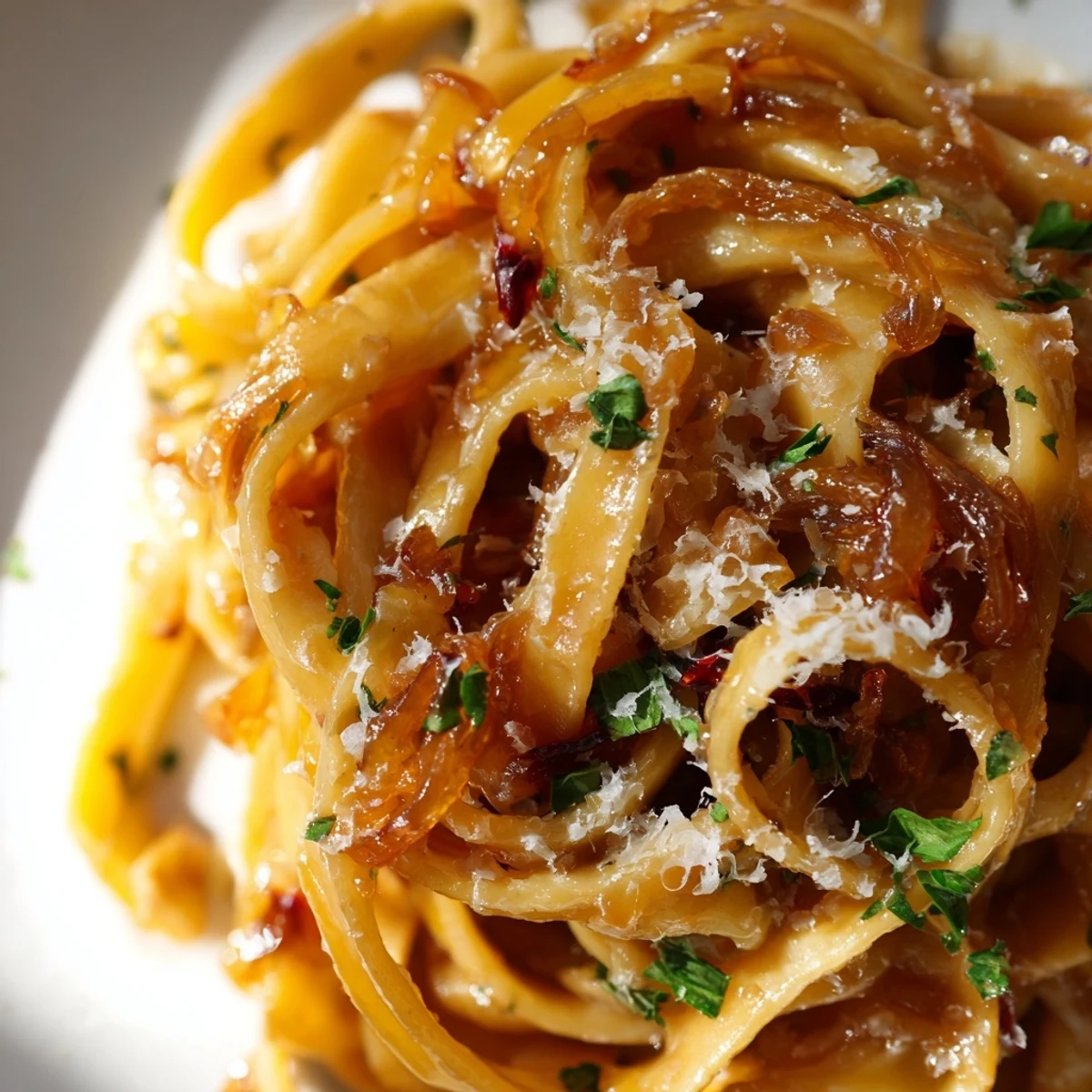 Creamy Sweet Heat Caramelized Onion Fettuccine topped with fresh parsley and Parmesan cheese
