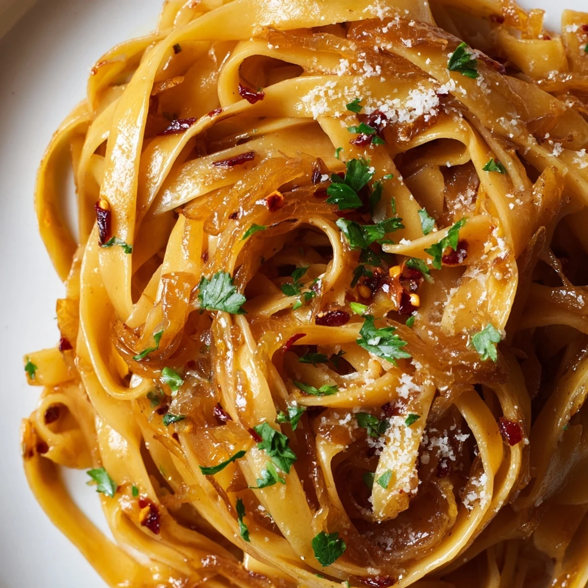 Golden caramelized onions coat Sweet Heat Caramelized Onion Fettuccine in a velvety, spicy cream sauce
