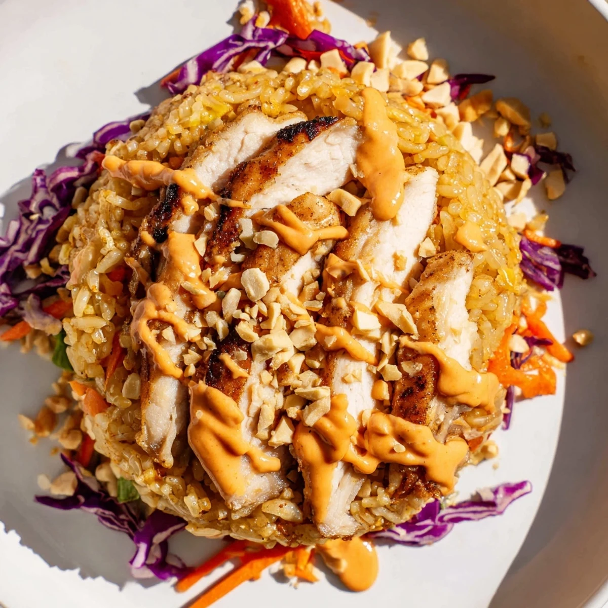 Golden crispy rice crowns this vibrant Bang Bang Chicken salad drizzled with spicy sauce