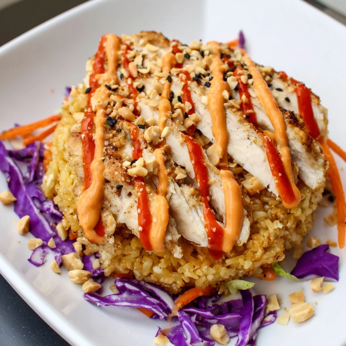 Tender sliced chicken tops colorful vegetables and crunchy crispy rice in Bang Bang Chicken salad