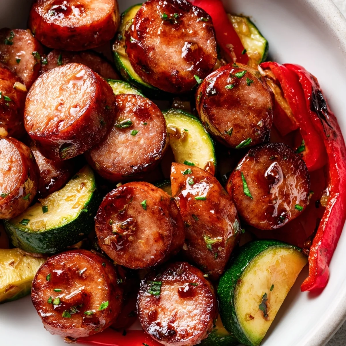Honey Garlic Kielbasa Veggies served in a cast iron skillet with colorful bell peppers