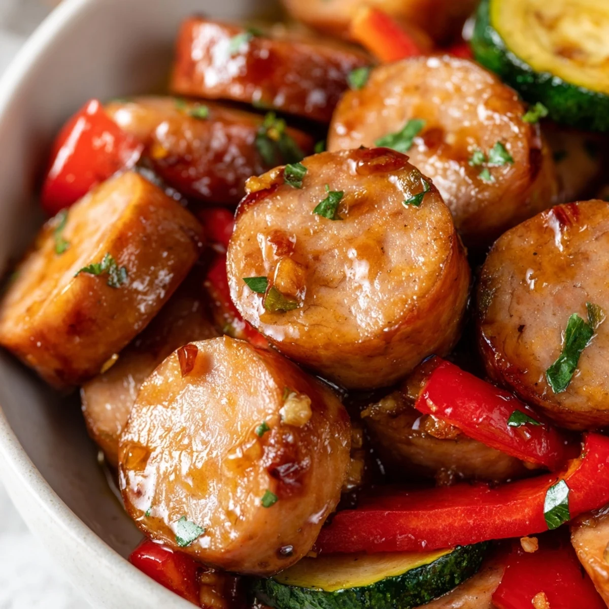 Glistening honey garlic kielbasa veggies with tender zucchini and smoky sausage rounds