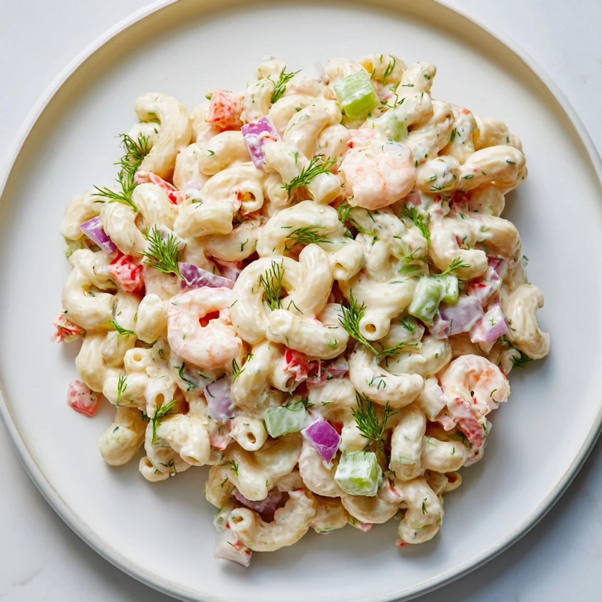 Shrimp macaroni salad served in a bowl with crunchy celery and bell peppers