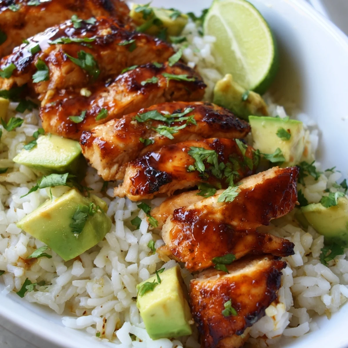 Golden honey lime chicken sliced and served over creamy green avocado rice with fresh cilantro
