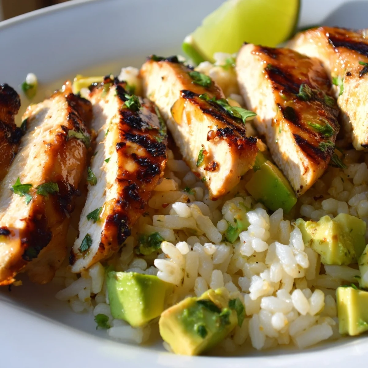 Juicy honey lime chicken with caramelized edges plated beside fluffy avocado rice garnished with lime wedges