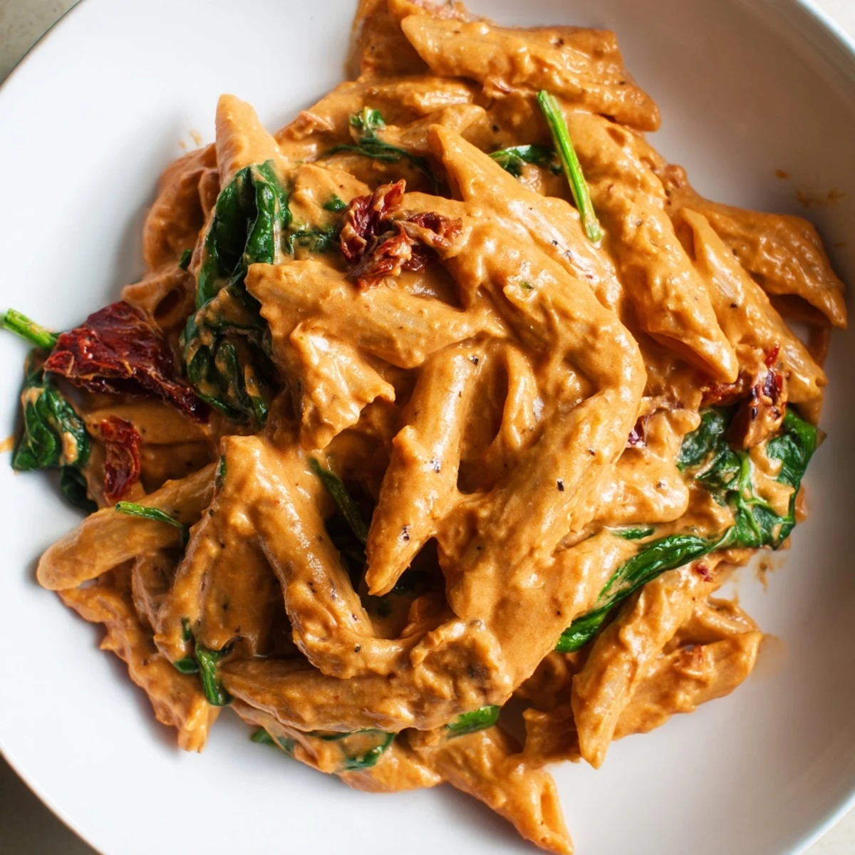 Creamy sun dried tomato vegan pasta in a rich orange sauce topped with fresh basil leaves
