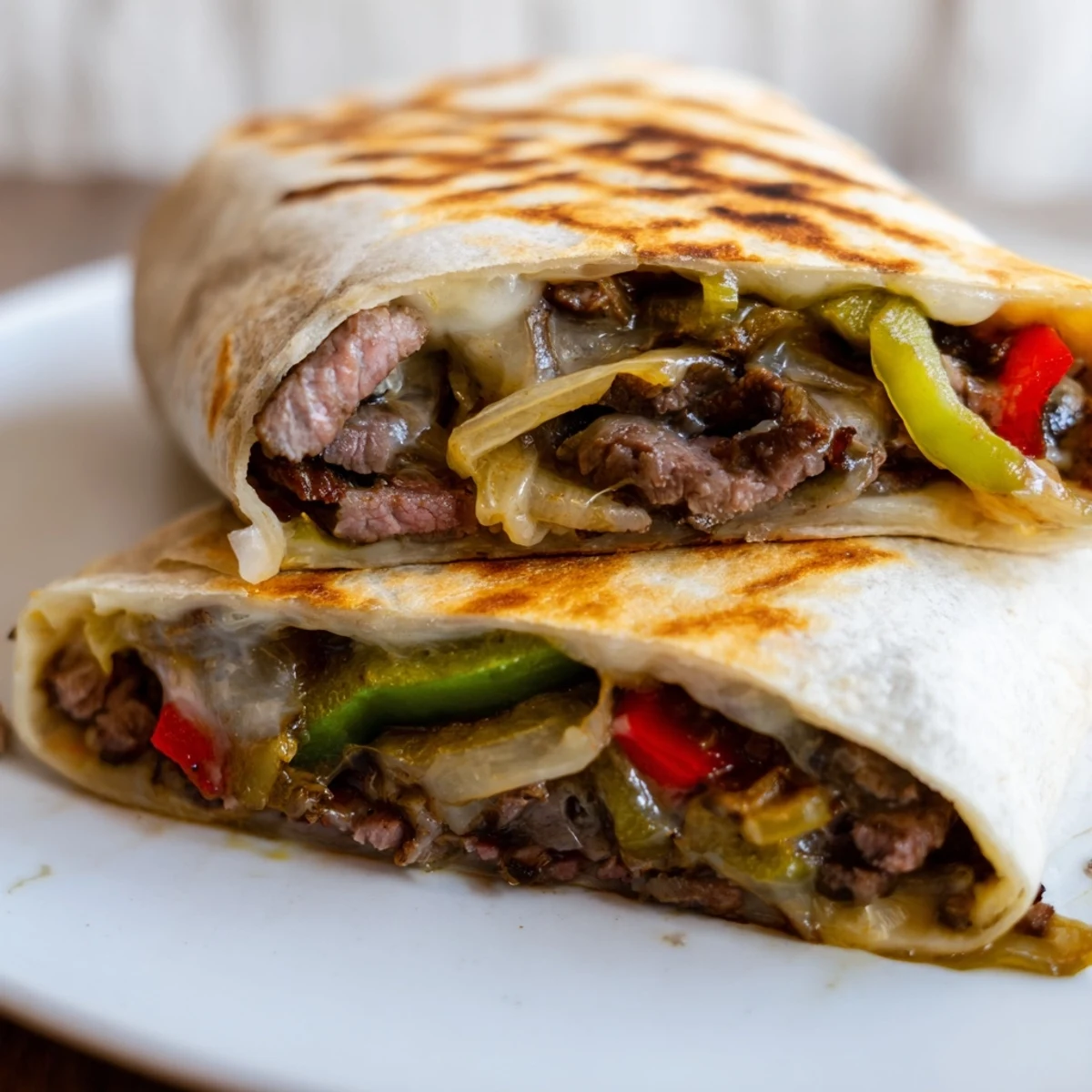 Golden crispy Philly cheesesteak grilled wraps sliced open with melted provolone cheese