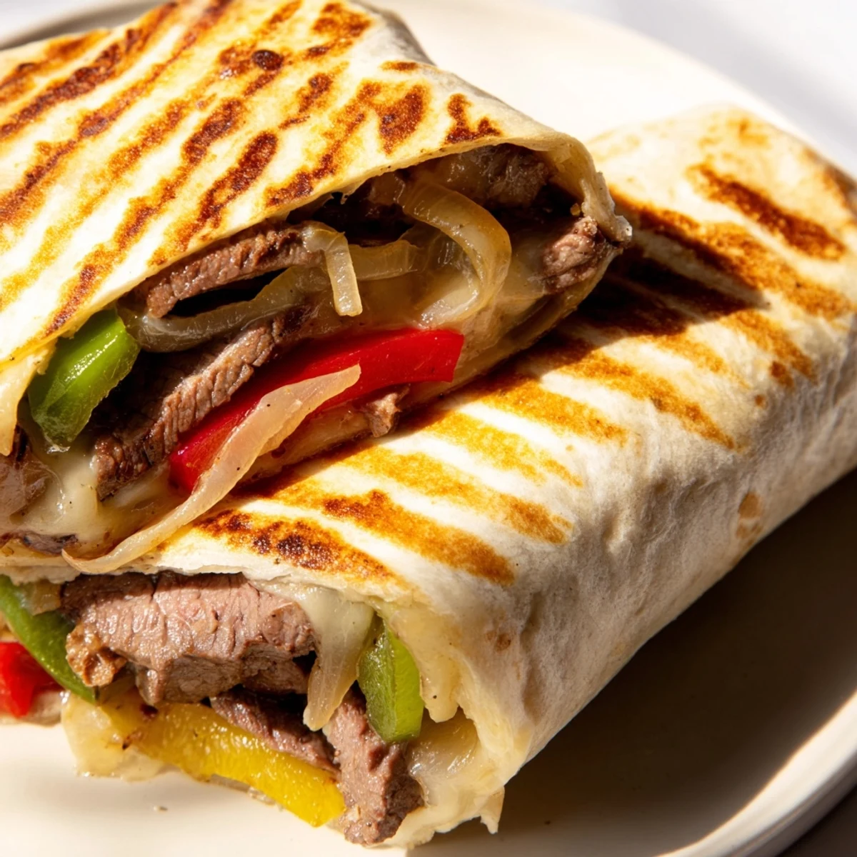 Philly cheesesteak grilled wraps featuring tender ribeye and colorful sautéed peppers and onions