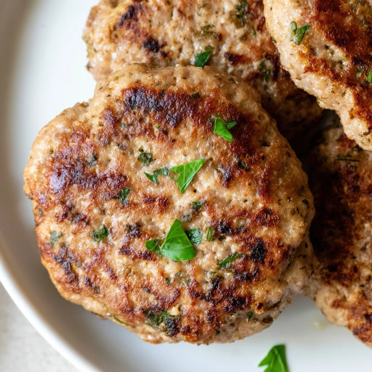 Golden brown ground turkey sausage patties sizzling in a cast iron skillet