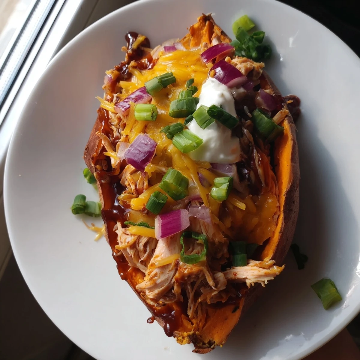 BBQ Chicken Stuffed Sweet Potatoes topped with melted cheddar cheese and fresh green onions