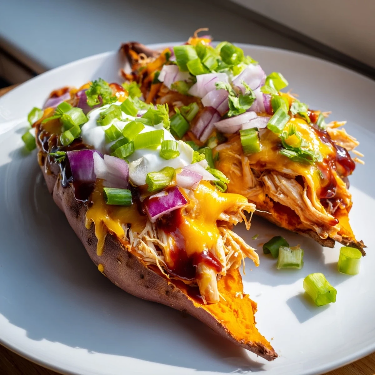Crispy roasted sweet potato loaded with smoky BBQ chicken and gooey melted cheese