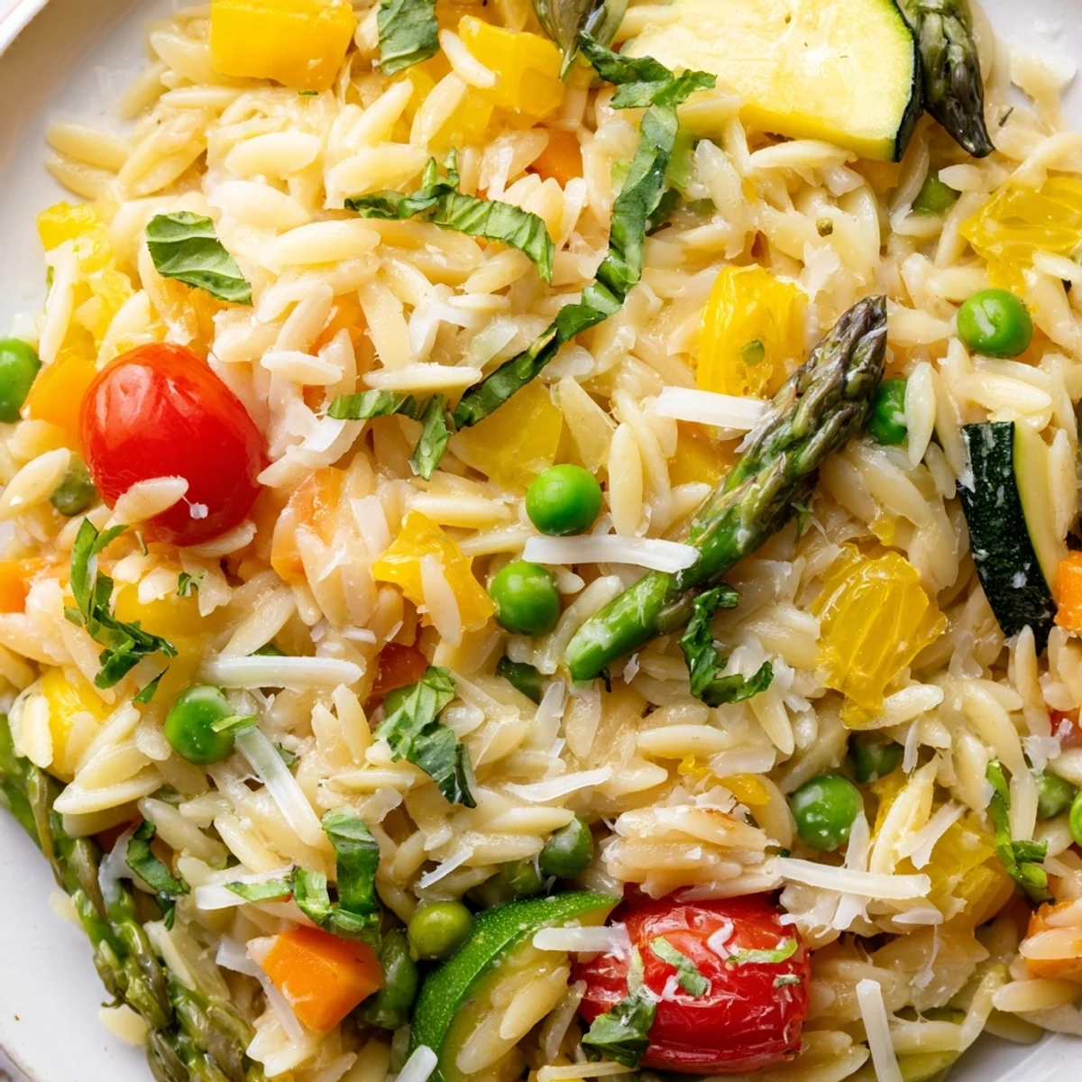 Orzo Primavera in a white bowl topped with fresh basil and grated Parmesan cheese