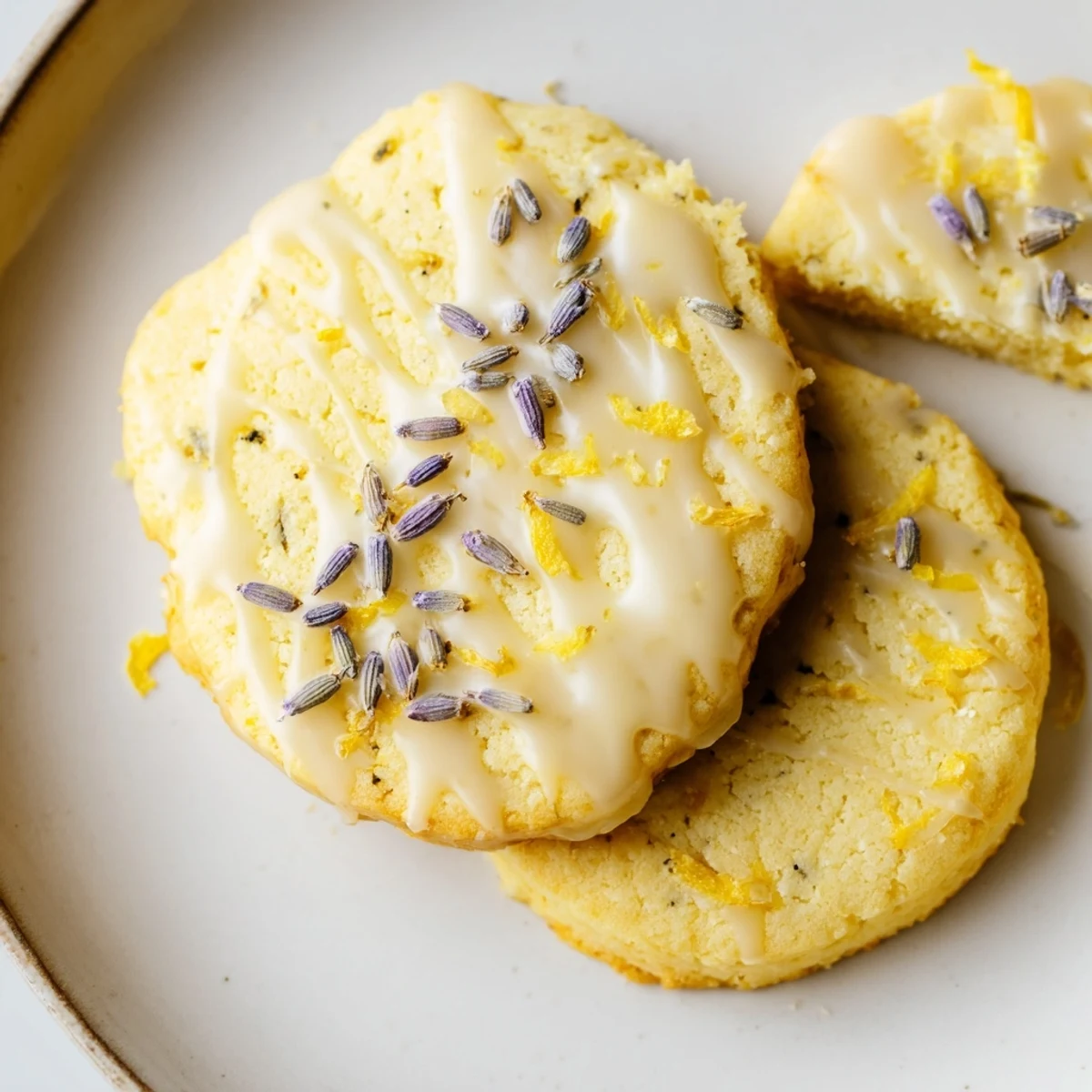 Buttery iced lemon lavender shortbread cookies drizzled with sweet citrus glaze and lavender buds