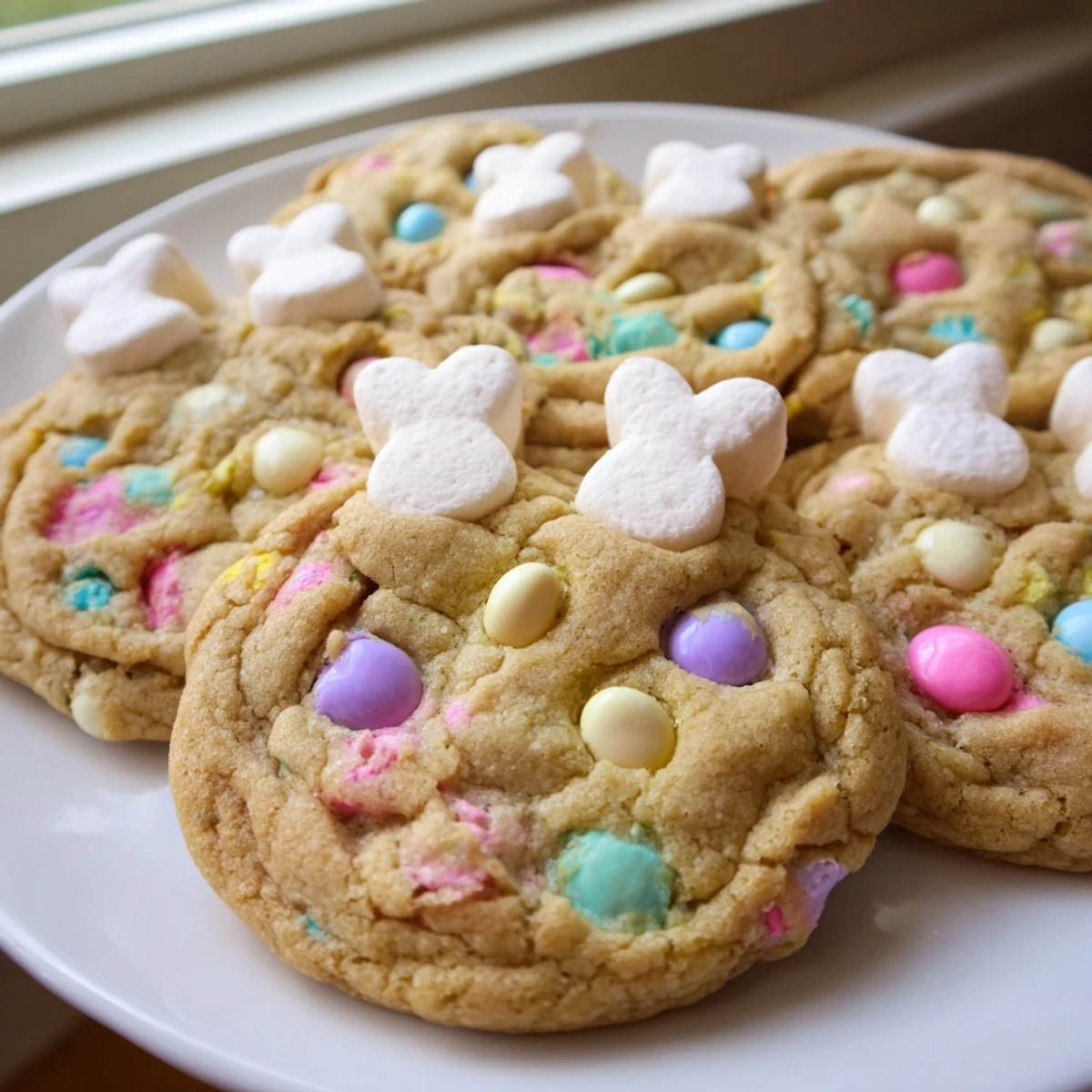 Soft MM Bunny Cookies topped with colorful Easter candies on a parchment-lined baking sheet