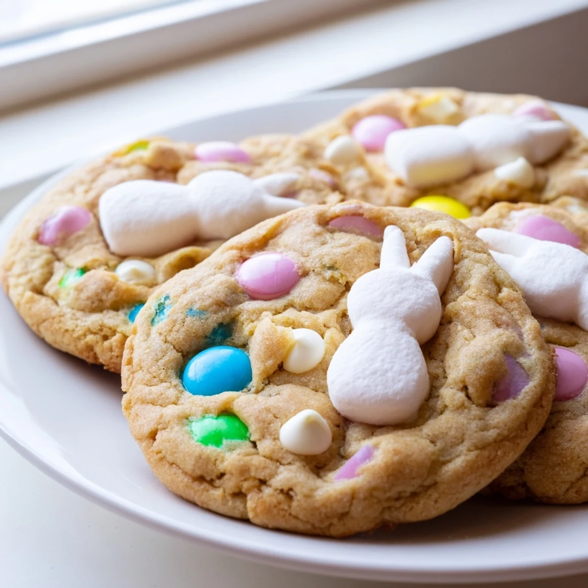 Chewy MM Bunny Cookies with pastel chocolate candies melty centers and golden edges