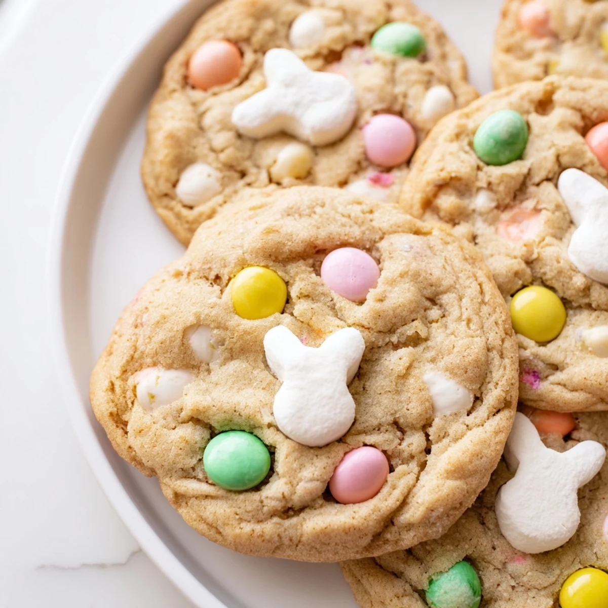 Warm MM Bunny Cookies arranged on a festive plate with bunny marshmallows and sprinkles