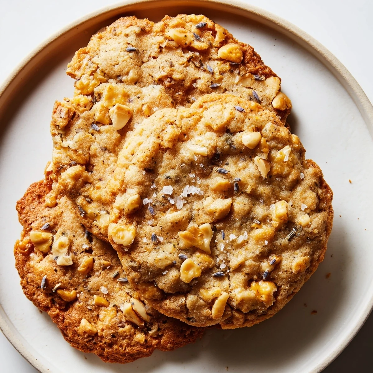 Golden Lavender Honey Crunch Cookies with toasted nuts arranged on a rustic white serving plate