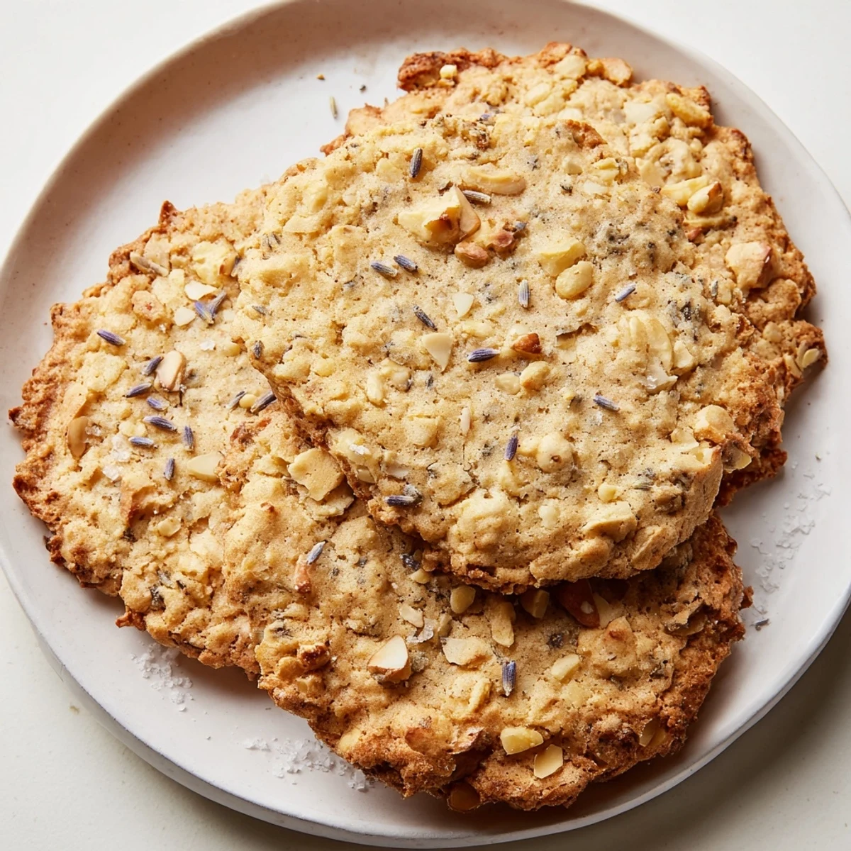 Crisp lavender-flecked Lavender Honey Crunch Cookies fresh from the oven with lightly browned edges