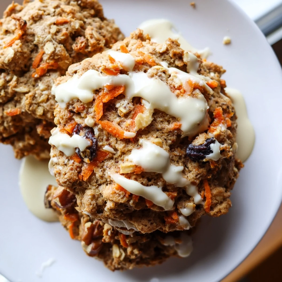 Soft carrot cake cookies with cream cheese drizzle on a rustic baking sheet